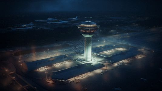 夜间灯火通明的机场高清图片
