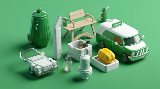 3D烧烤3D图绿色露营插画