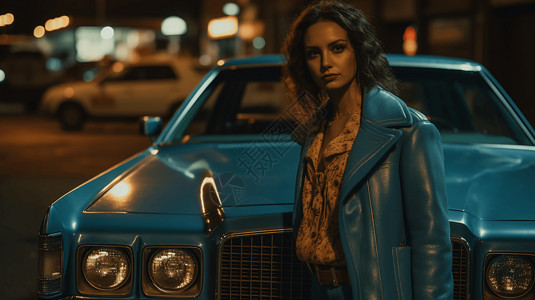 女孩穿着一件雾霾蓝色夹克站在汽车边图片