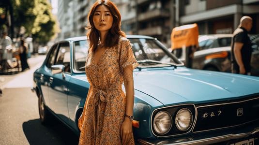 20世纪20年代一位20世纪70年代的妇女站在停在汽车边背景