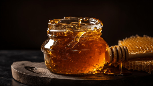 一罐带有蜂窝状的蜂蜜图片