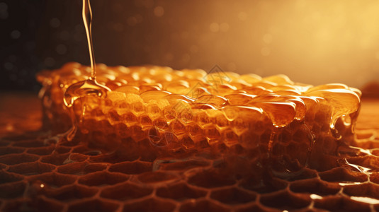 金色产品滴着蜂蜜的蜂巢背景