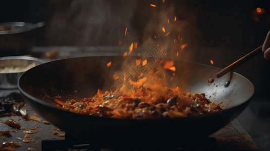 中式炒锅烹饪美食背景图片