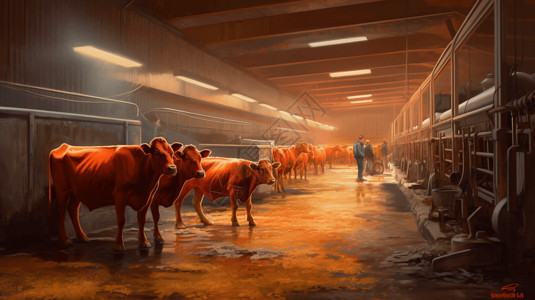 牛饲养受控环境下的牲畜饲养插画