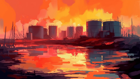 能源开采夕阳下的石油工业污染场景图插画