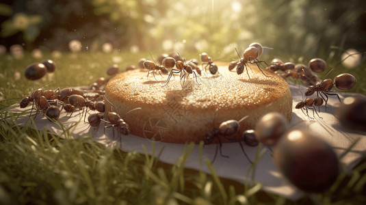 高清甜品素材蚂蚁在搬运食物背景