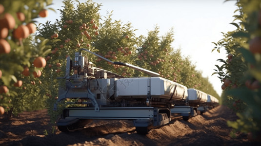 阳光下从树上收获苹果的水果采摘机机器人高清图片