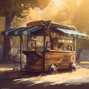 手绘清晨马路边的早餐车插画