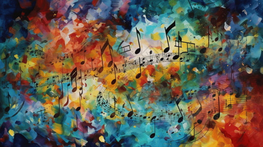 音符动态素材缤纷色彩背景前的乐谱插画