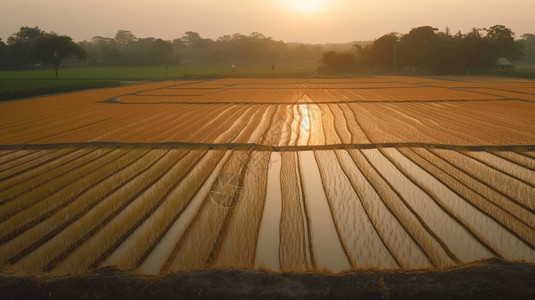 夕阳下广阔的水稻田背景图片