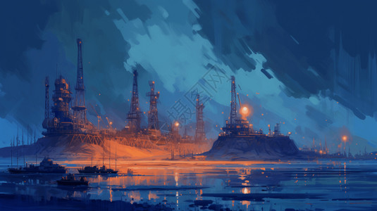 海上油气一幅油气勘探阶段的绘画插画