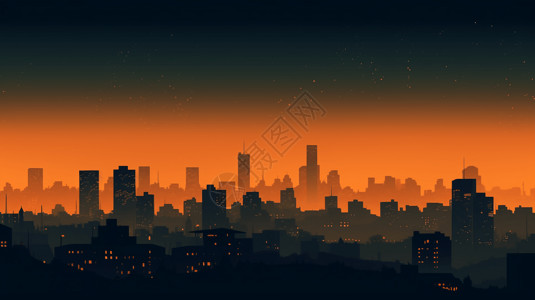烟雾城市闪烁着橙色的烟雾的城市插画