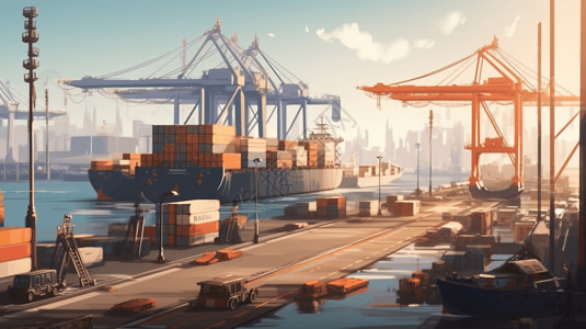 集装箱港口码头装在货物的码头港口插画