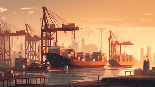 码头船舶繁忙的货运港口插画