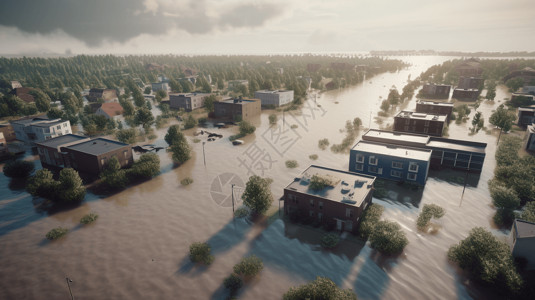 城镇地区水灾淹没一座城市插画