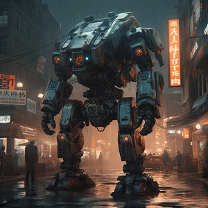 赛博朋克巨大发光机甲机器人在街道上概念插画图片