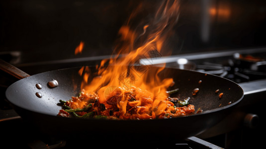 用锅烹饪将食材放入热炒锅中的特写镜头背景
