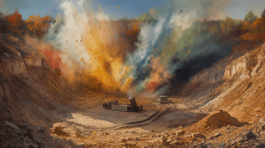 采石场采矿中爆破过程的绘画图片