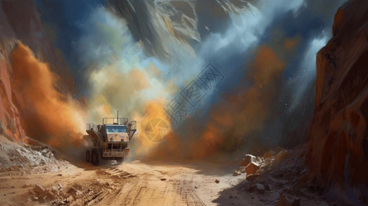 采石场采矿中爆破过程冲击力背景图片