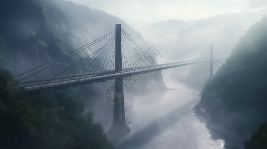 山间云雾缭绕中的悬索桥图片
