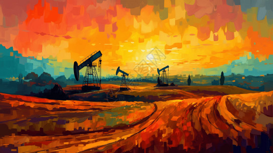 石油资源油画展示落日下的石油采集机器插画