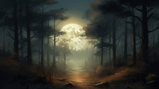 森林月光神秘迷人氛围插画图片