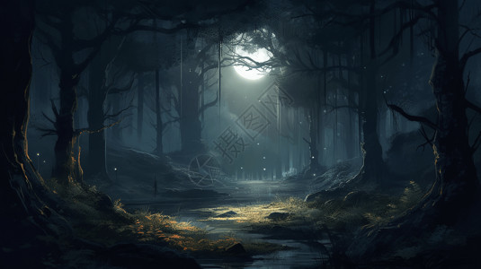 森林月光迷人氛围插画高清图片