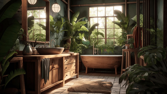 全年度假胜地植物丰富的热带浴室设计图片