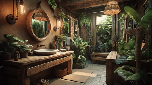 热带雨林植物丛林度假胜地中的热带浴室设计图片
