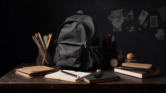 黑色笔筒书包和学习工具展示图背景