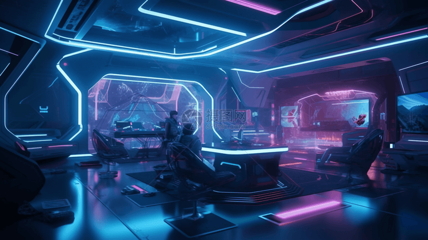 霓虹色调下的VR游戏厅图片