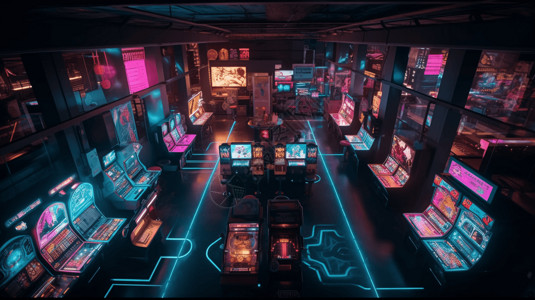 商场显示屏带有霓虹灯和彩色游戏机的电动拱廊插画