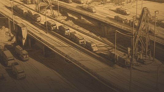 火车素描素材复古的桥梁道路插画插画