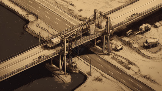 复古纽约市鸟瞰素描风格的桥梁插图插画