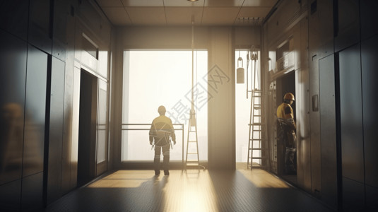 工人在大楼中安装电梯高清图片