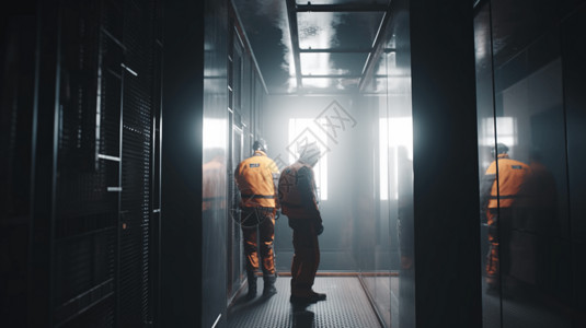 电梯工人素材工人在摩天大楼中施工检修背景