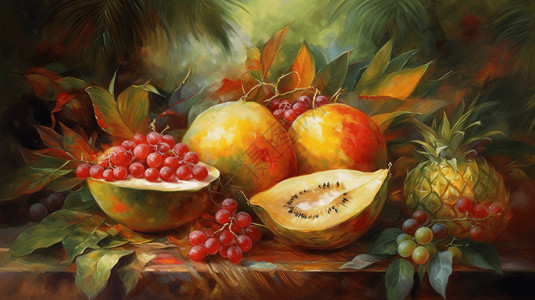 丰盛的热带水果油画背景图片