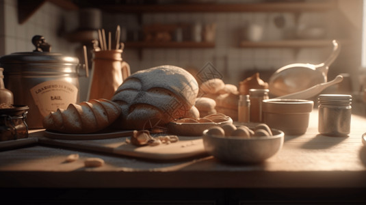 烘焙场景素材逆光下厨房制作面包场景的3D背景