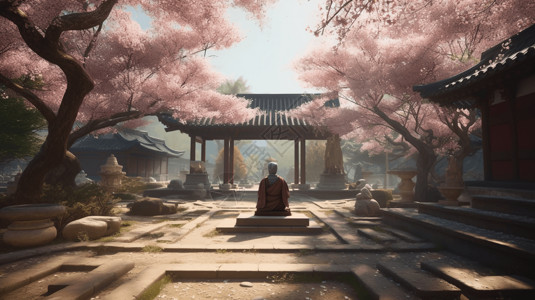 僧侣在宁静的寺庙花园中冥想图片