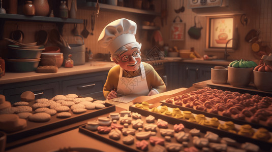 点心厨师卡通片中一位爷爷在制作美味饼干插画