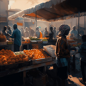 阳光强烈市场上的水果小贩插画