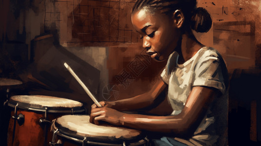 一幅非洲女孩打鼓的油画高清图片