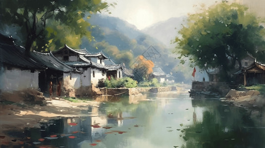 清澈见底清澈河畔的村庄插画