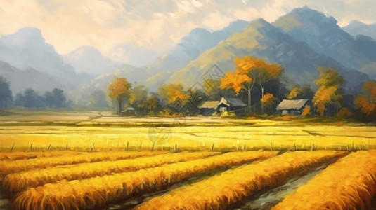 场景油画素材金黄的麦田背景