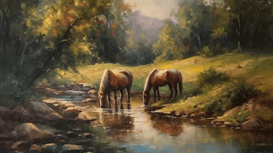 欧洲风河边饮水的马插画