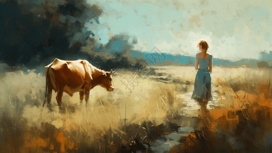 母牛油画女孩与牛插画