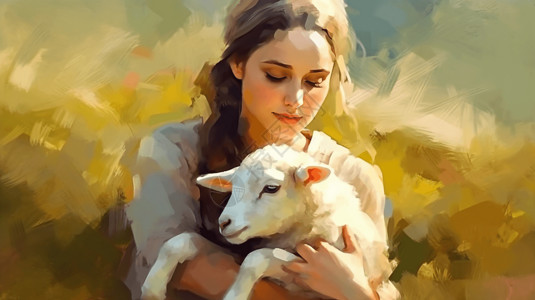 新古典风拥抱羔羊的女人插画
