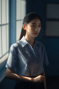 一个穿着浅蓝色短袖衬衫的中国女孩高清图片