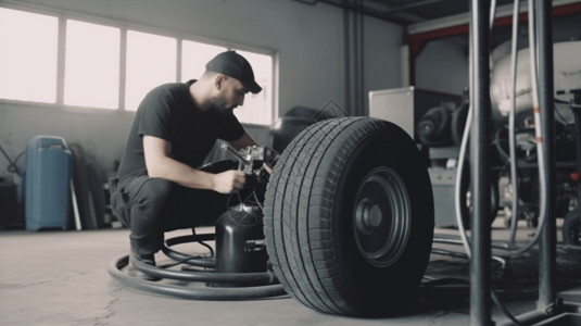 一名机械师使用空气压缩机给轮胎打气高清图片