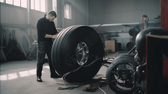 轮胎打气工人使用空气压缩机给轮胎充气背景
